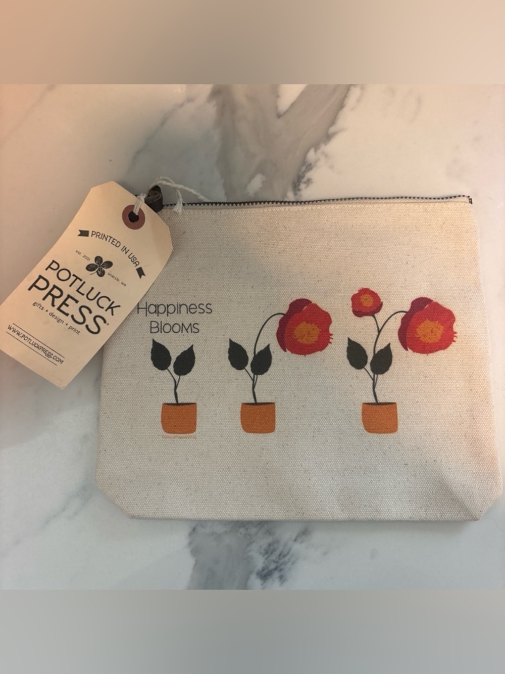 'Happiness Blooms' Canvas Cosmetic Bag - Natural with Red Flowers